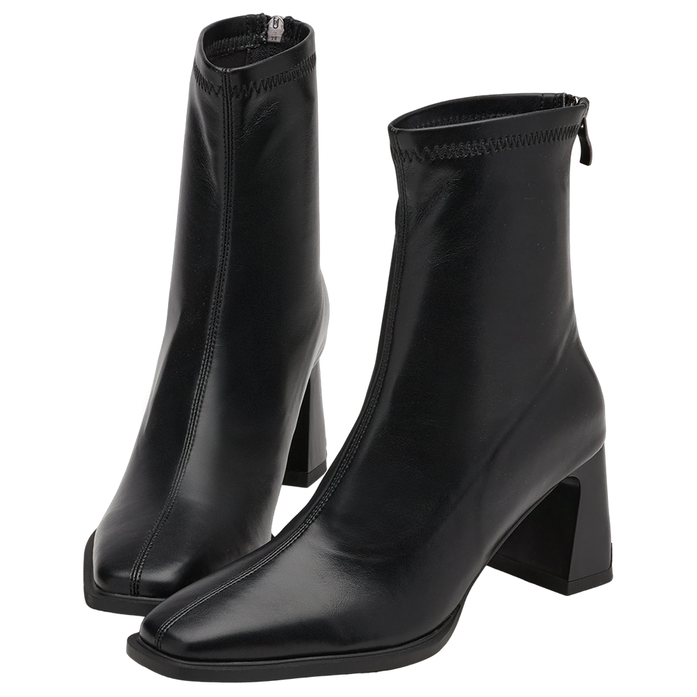 時髦歐膩方頭後拉鍊車線高跟襪靴 黑