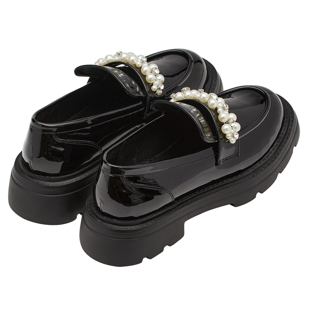 小貓聯名-奢耀珍珠水鑽輕量厚底樂福鞋 黑漆