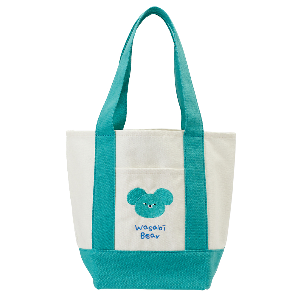 GraceGift Wasabi Bear聯名 芥末熊 撞色口袋肩背帆布包 藍綠色