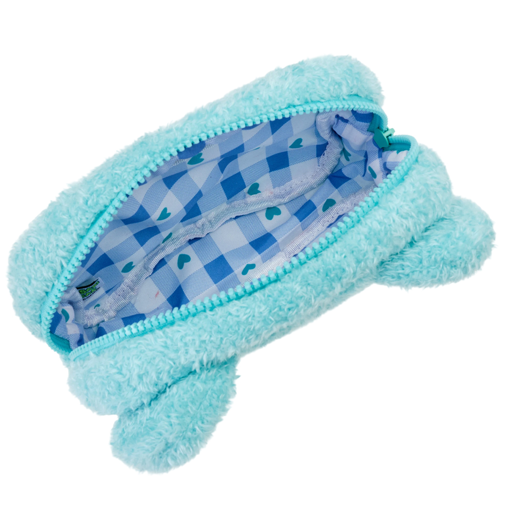 GraceGift Wasabi Bear聯名 芥末熊 格紋絨毛化妝包 藍綠色 實拍圖