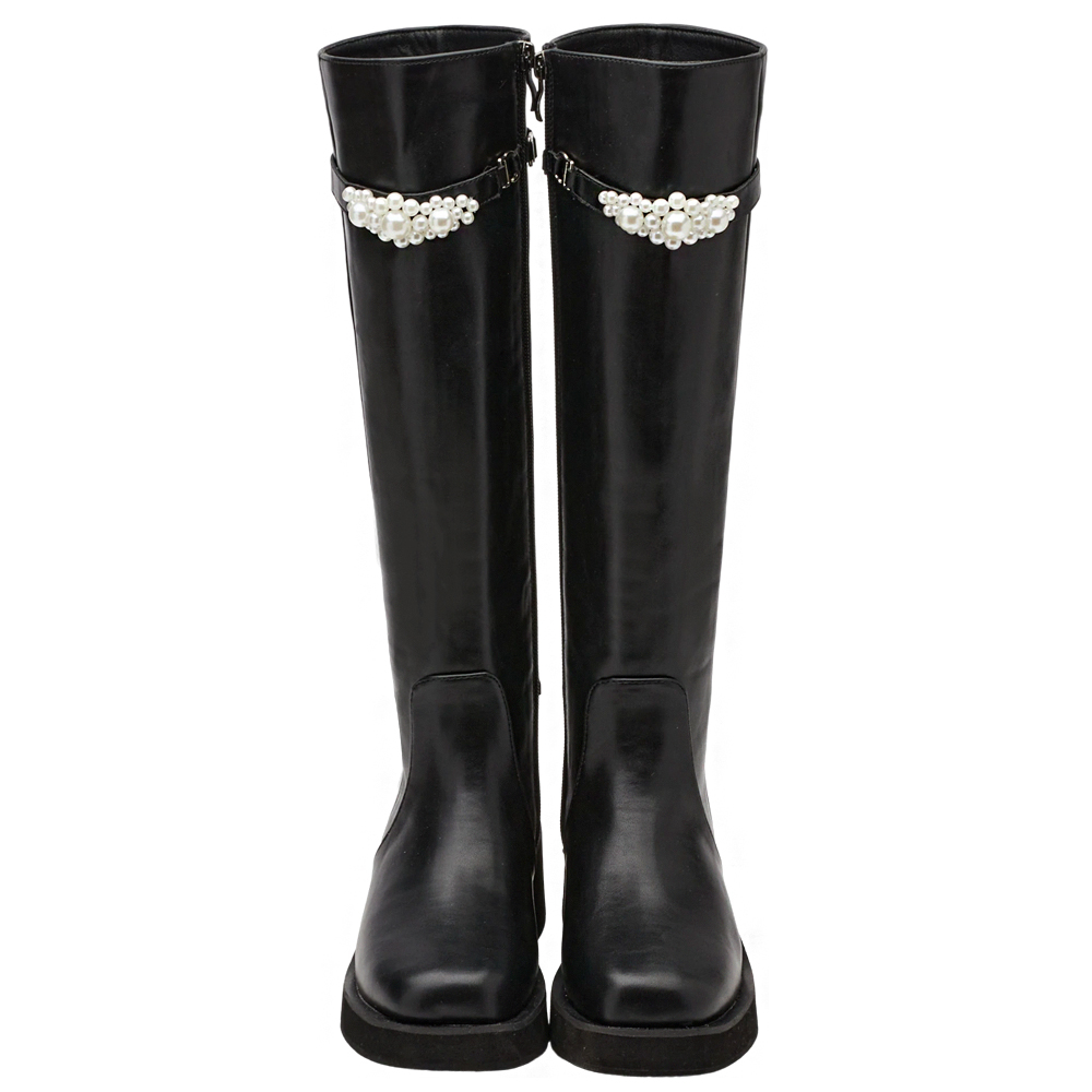 奕潔聯名-法式珠寶盒方頭2WAY珍珠顯瘦長靴 黑