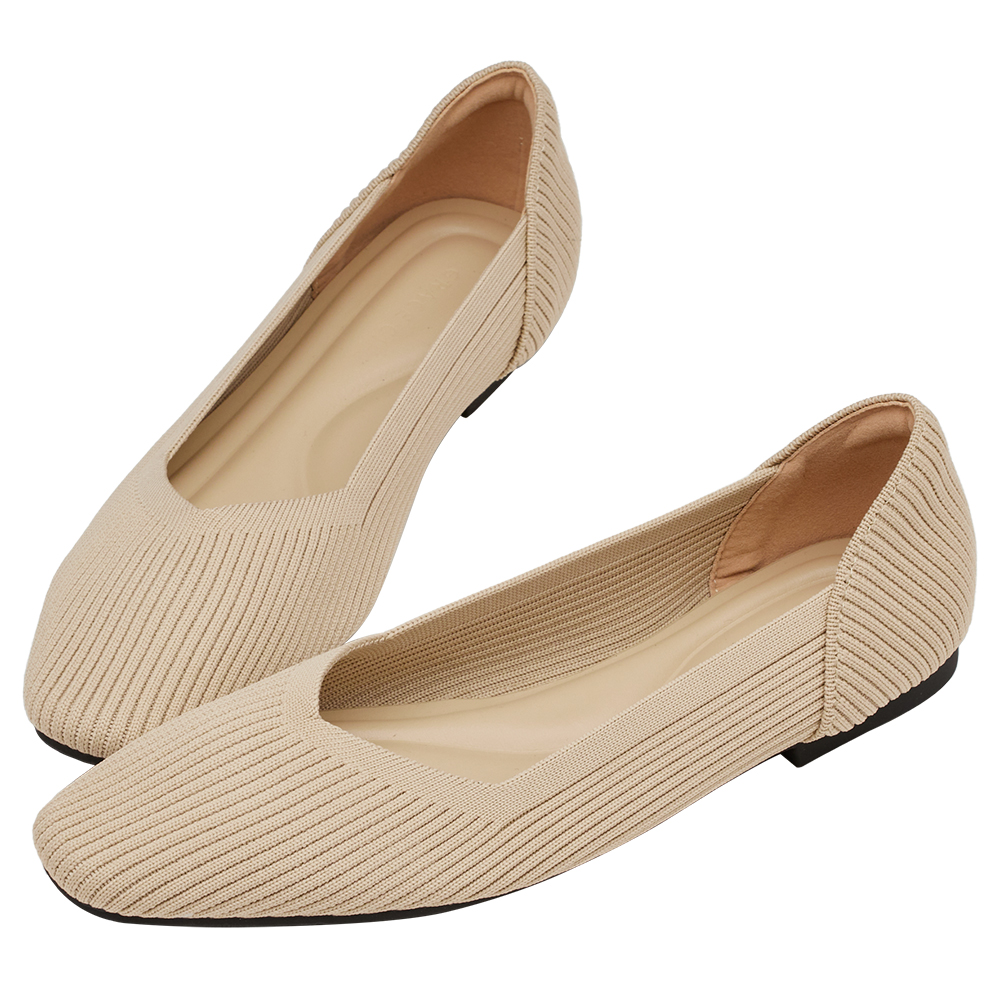 GraceGift 平價女鞋 零著感 方頭柔織軟墊娃娃鞋 杏色 平底娃娃鞋 實拍圖