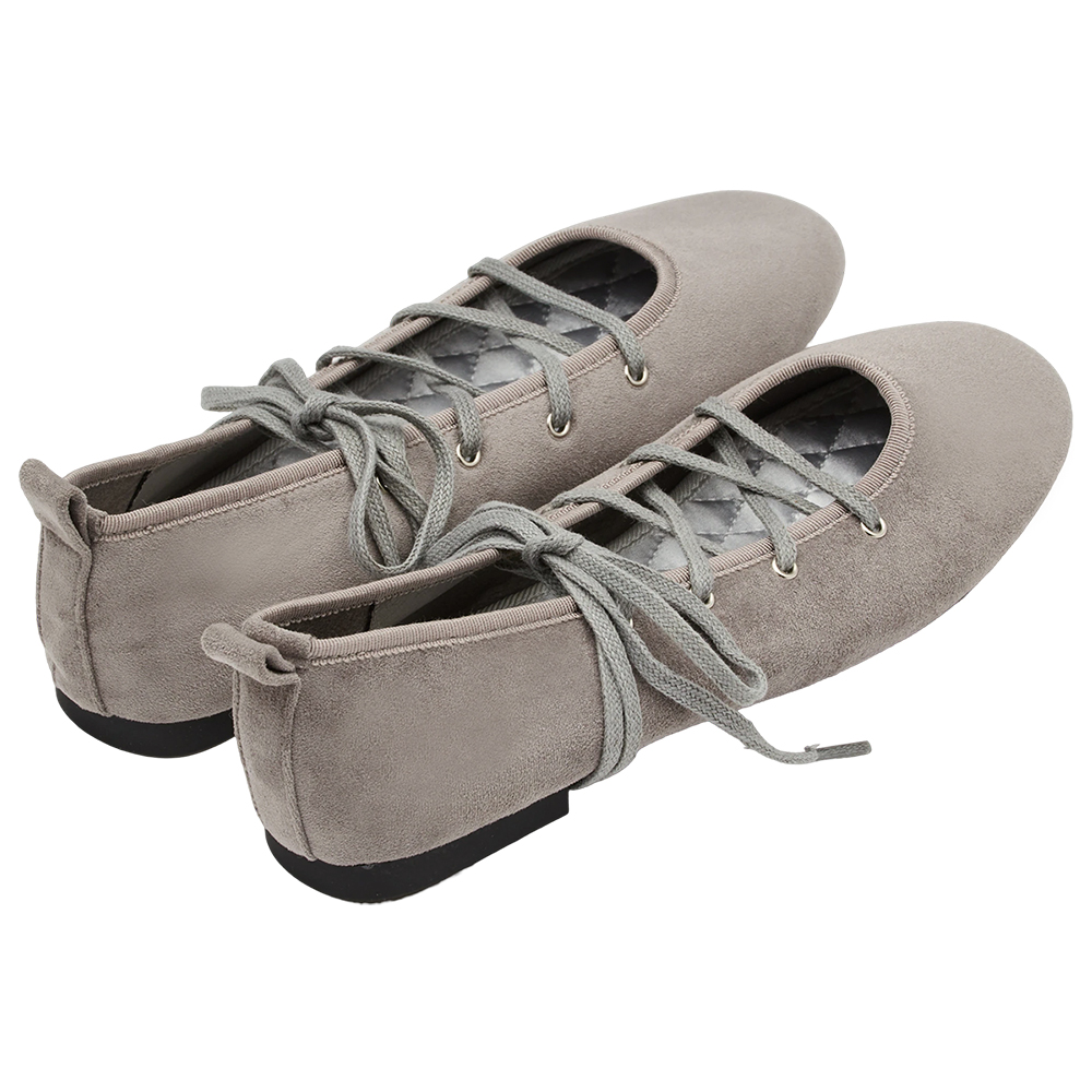 可可芭蕾絨面交叉綁繩芭蕾舞平底鞋 灰