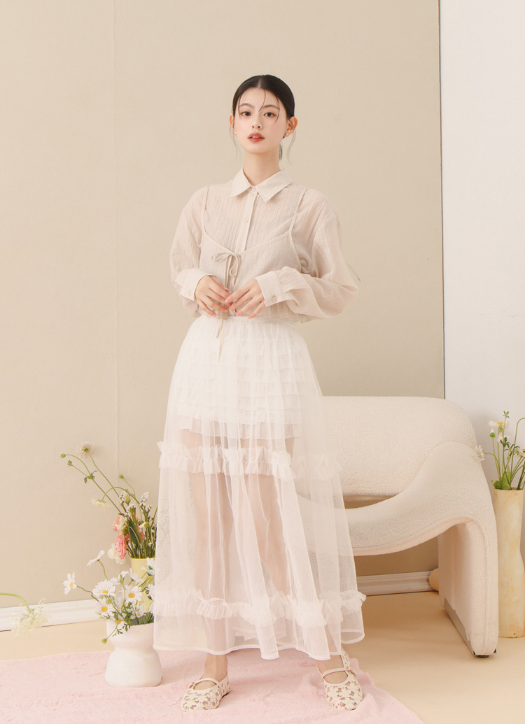 GraceGift平價女鞋 法式少女 蕾絲花朵 透膚平底 瑪莉珍鞋 杏色