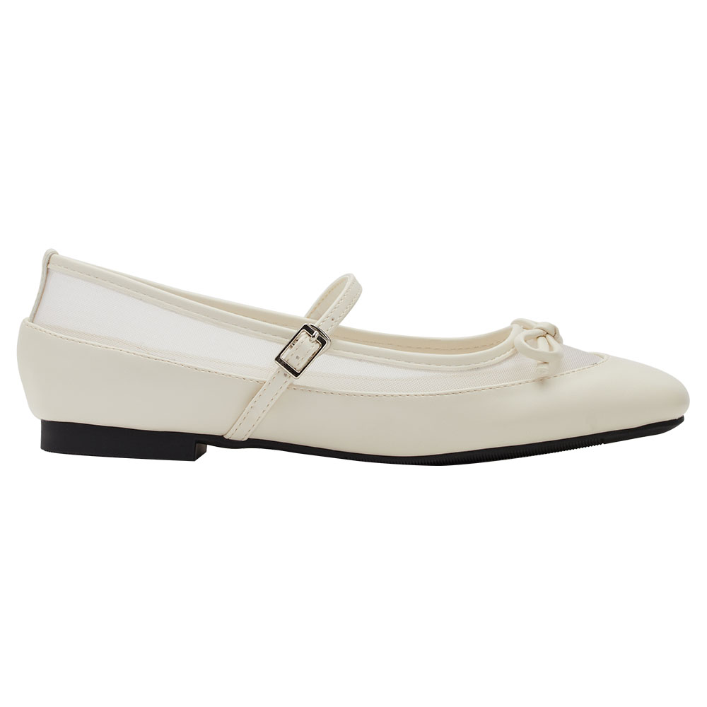 GraceGift平價女鞋 時尚秀場 方圓頭 復古芭比網紗拼接芭蕾平底瑪莉珍鞋  米白色