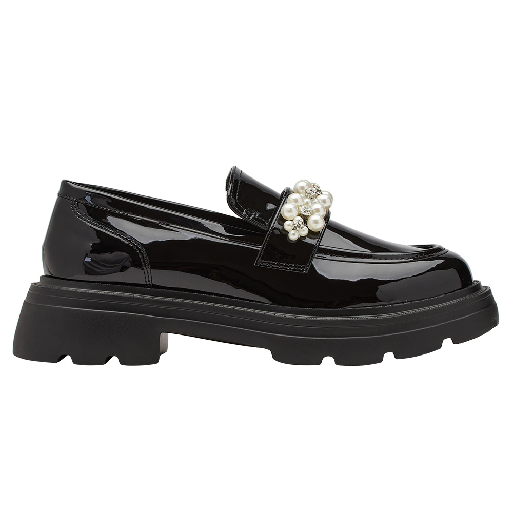 小貓聯名-奢耀珍珠水鑽輕量厚底樂福鞋 黑漆