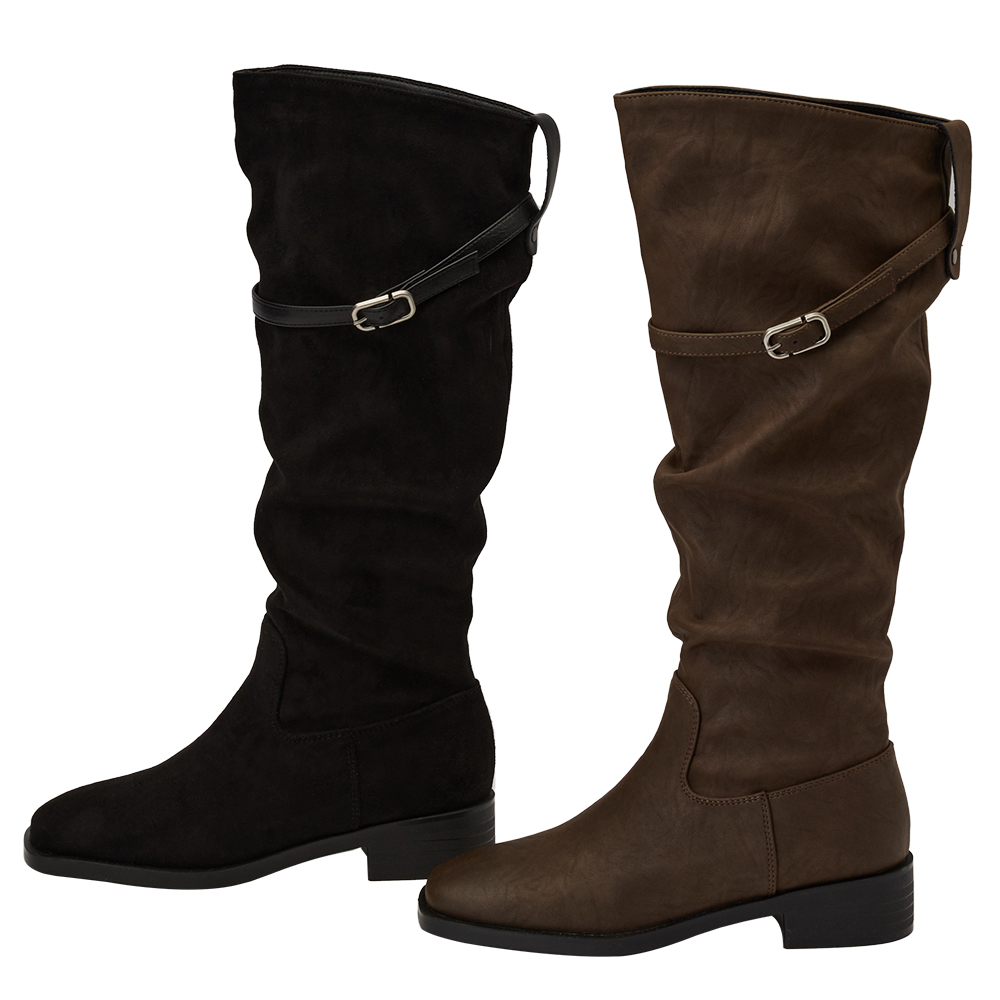 韓系層次方頭2way皮帶環堆堆機車長靴 棕