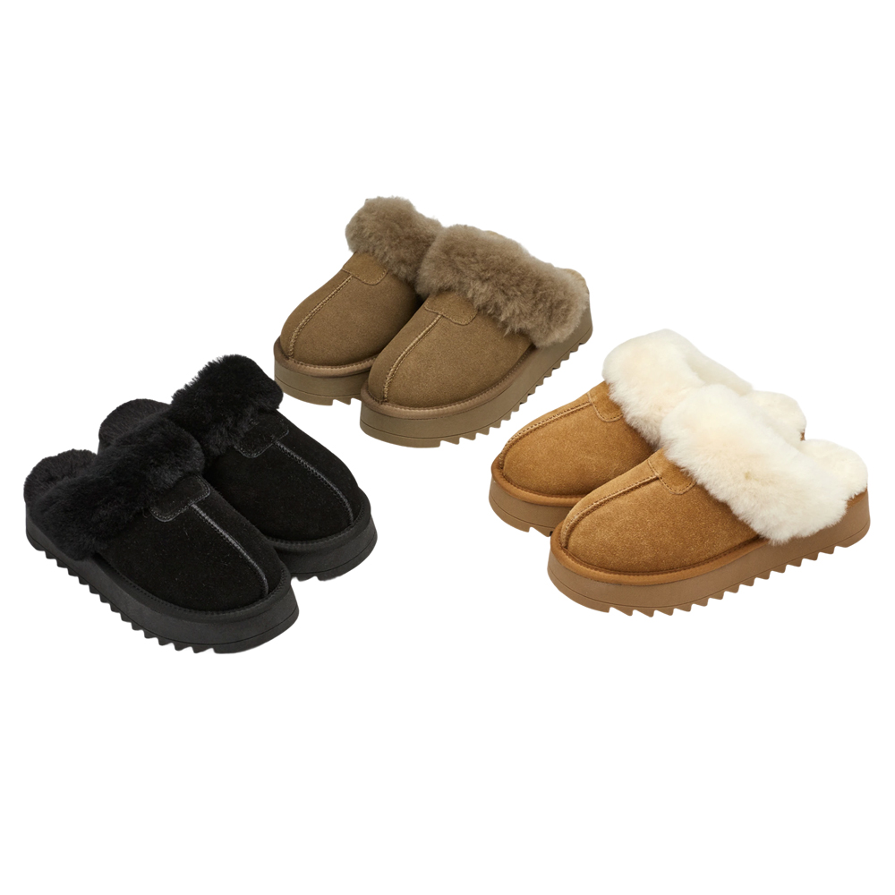 韓妞時尚牛麂皮羊毛厚底雪地拖鞋 灰