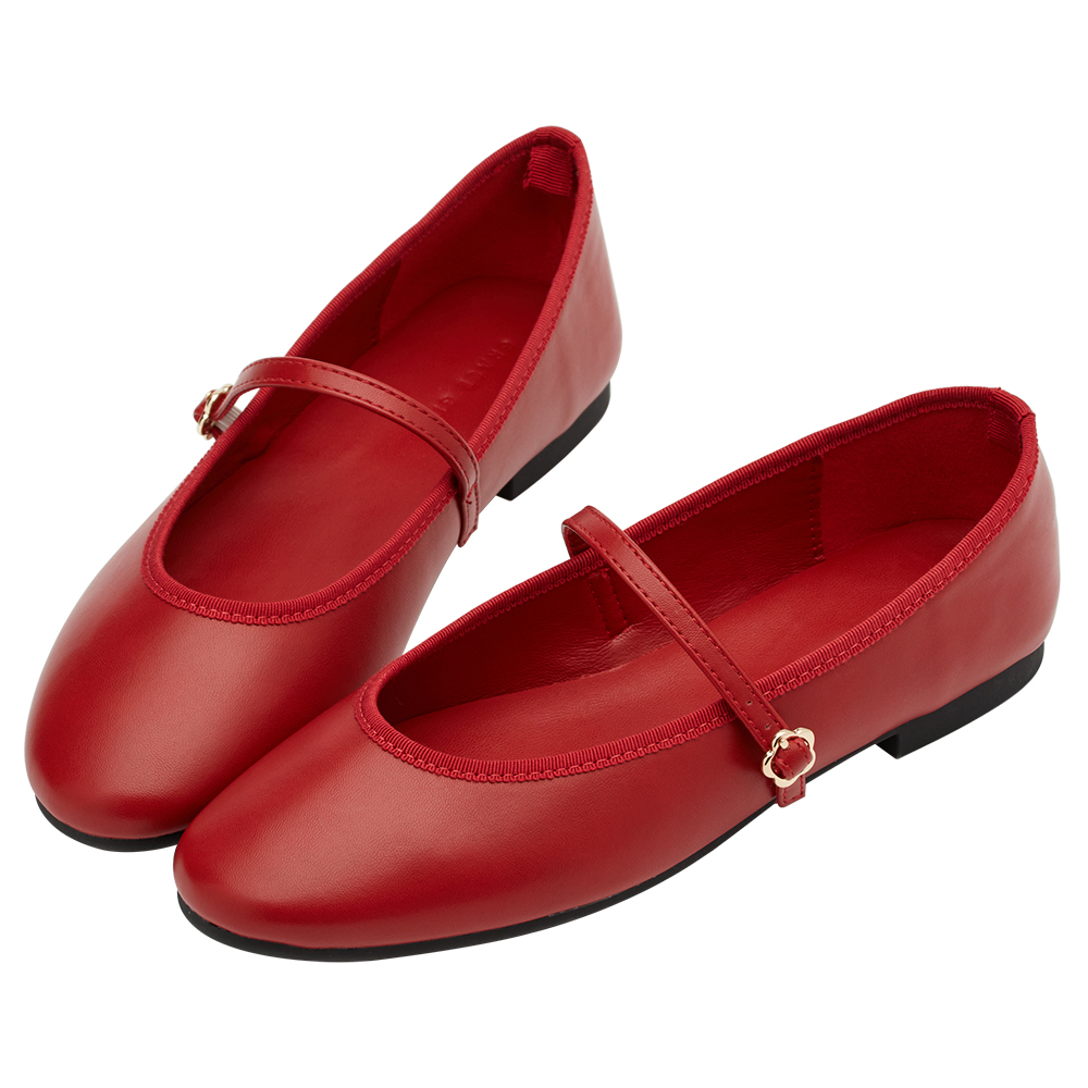 GraceGift平價女鞋 俏皮少女 素面 花釦 芭蕾舞瑪莉珍鞋 正紅