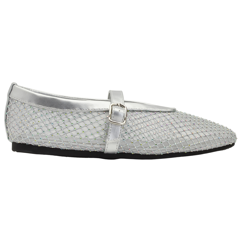 Grace Gift 平價女鞋 夢幻細鑽 編織網面瑪莉珍鞋 銀色 平底瑪莉珍鞋 實拍圖