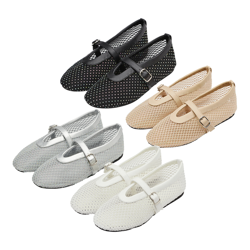 Grace Gift 平價女鞋 夢幻細鑽 編織網面瑪莉珍鞋 銀色 平底瑪莉珍鞋 實拍圖