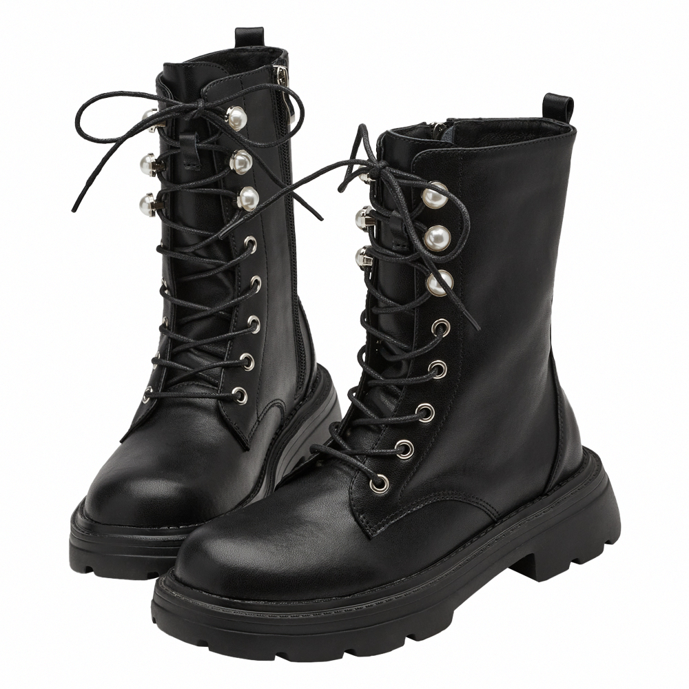 小貓聯名-名媛微光珍珠輕量厚底綁帶靴 黑