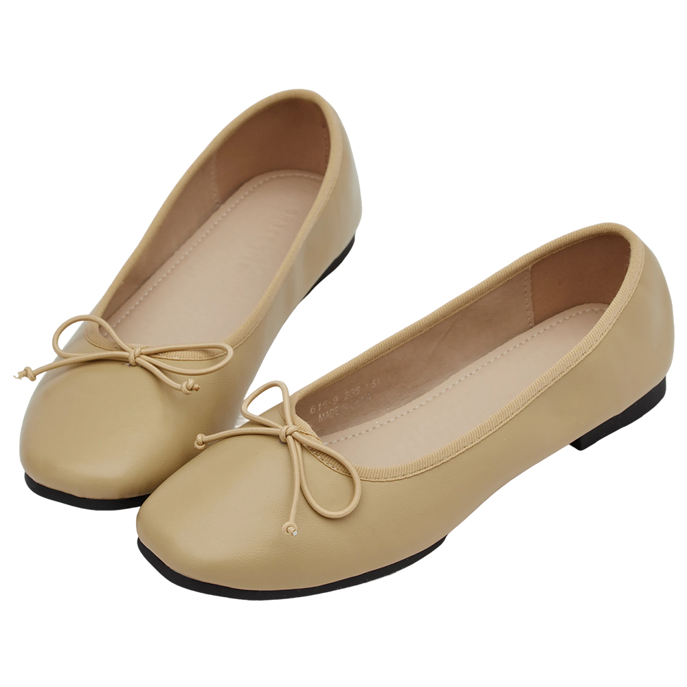 GraceGift平價女鞋 時尚秀場 方圓頭 法式經典蝴蝶結芭蕾舞平底娃娃鞋 淺駝色