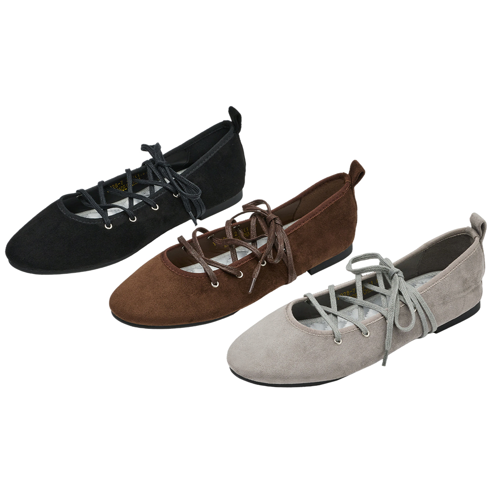 可可芭蕾絨面交叉綁繩芭蕾舞平底鞋 灰