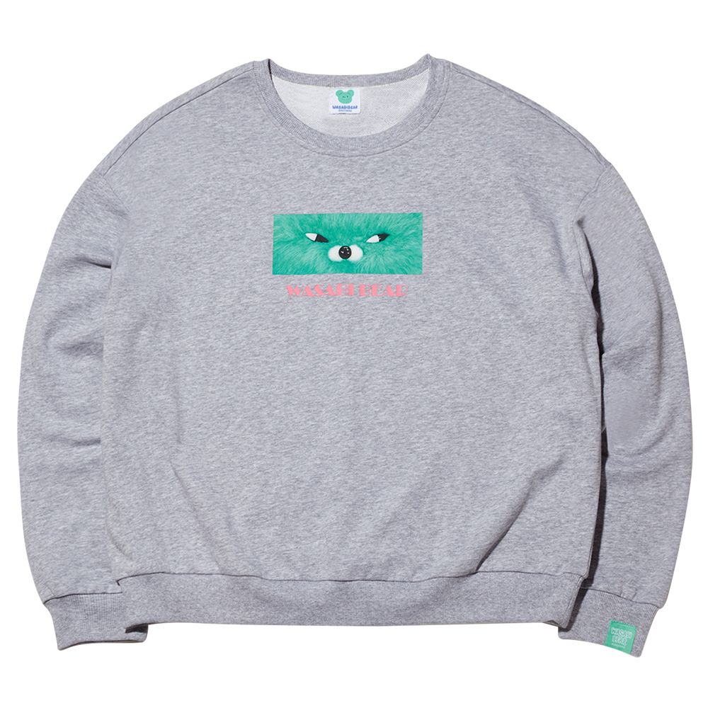 GraceGift Wasabi Bear聯名 芥末熊 小臉印花大學T 灰色 實拍圖