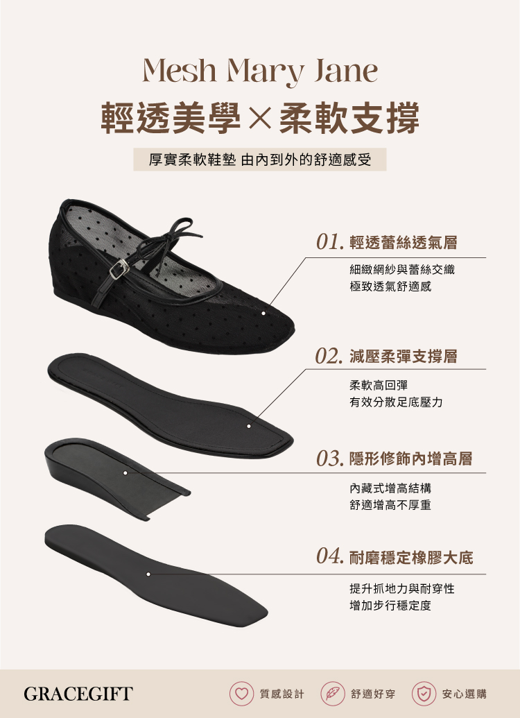 GraceGift平價女鞋 日系水玉 蝴蝶結網紗 內增高瑪莉珍鞋 米白色