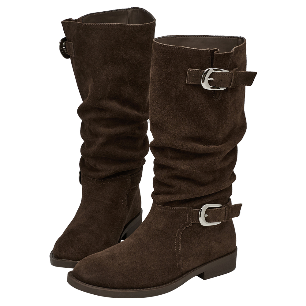 慵懶隨性麂皮雙層皮帶扣堆堆長靴 咖