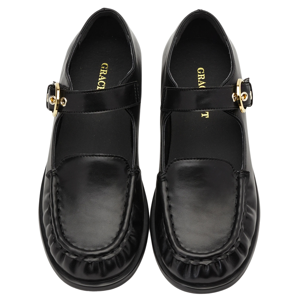 GraceGift平價女鞋 時尚秀場 圓頭 復古名媛金屬圓扣瑪莉珍樂福鞋 黑色