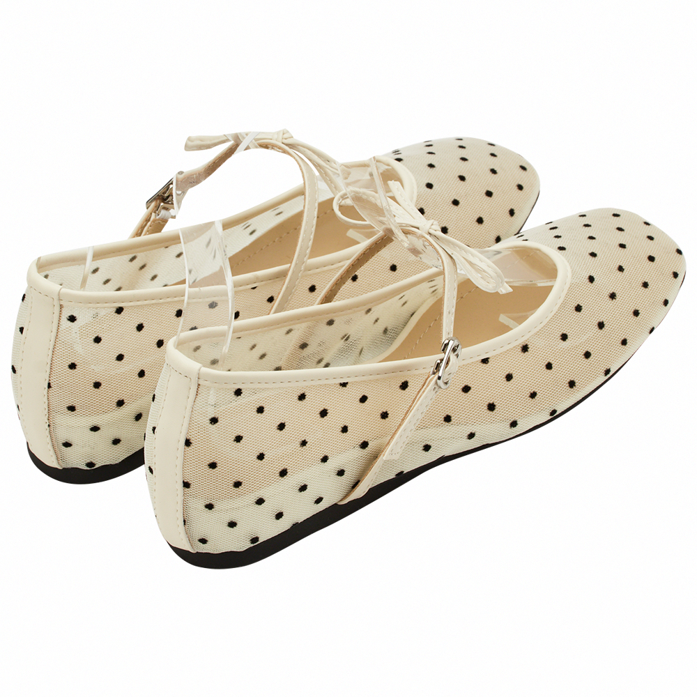 GraceGift平價女鞋 日系水玉 蝴蝶結網紗 內增高瑪莉珍鞋 米白色