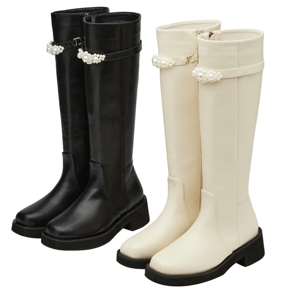 奕潔聯名-法式珠寶盒方頭2WAY珍珠顯瘦長靴 米白