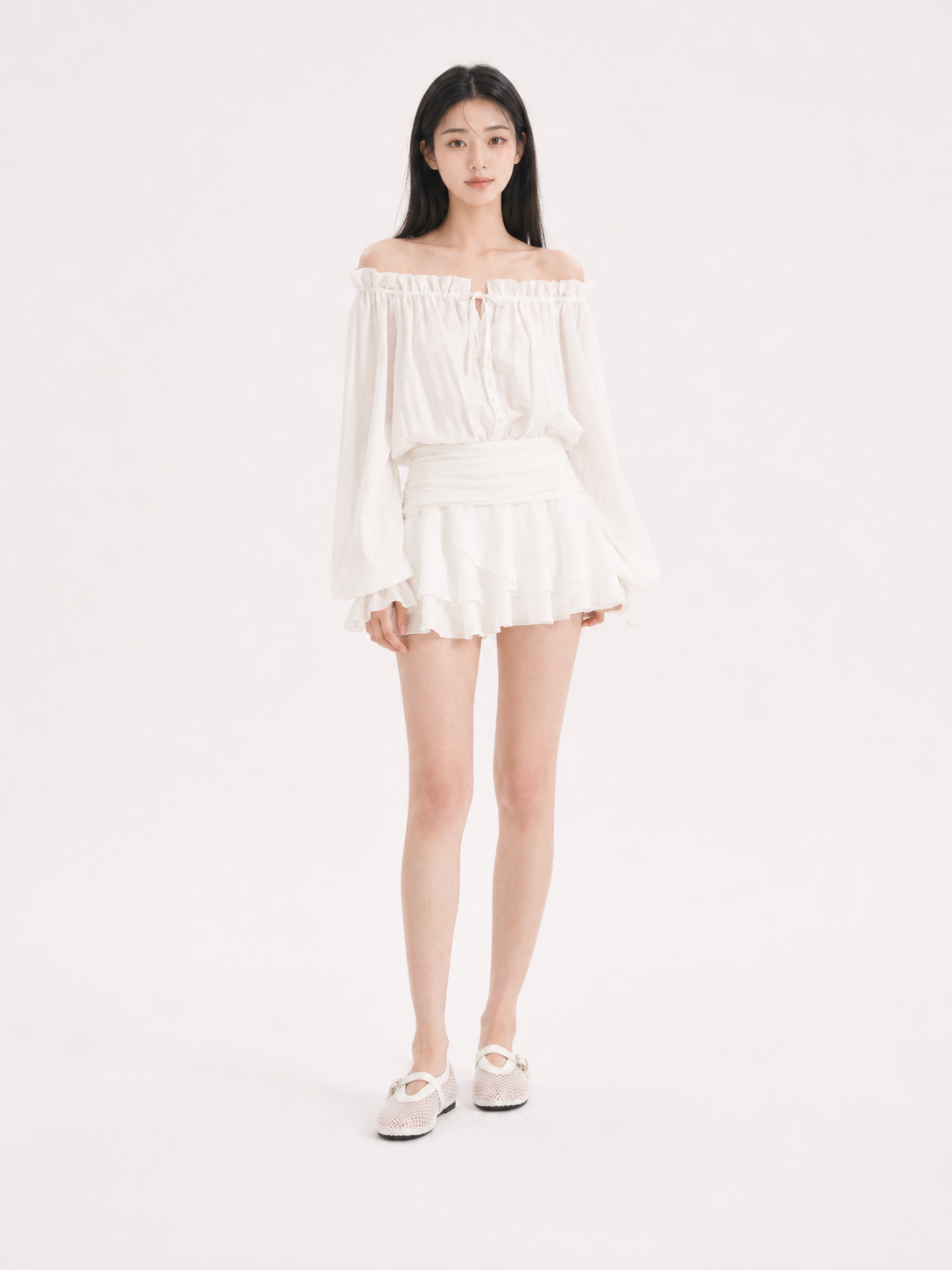 Grace Gift 平價女鞋 夢幻細鑽漁網透感瑪莉珍鞋 白色 平底瑪莉珍鞋 實拍圖