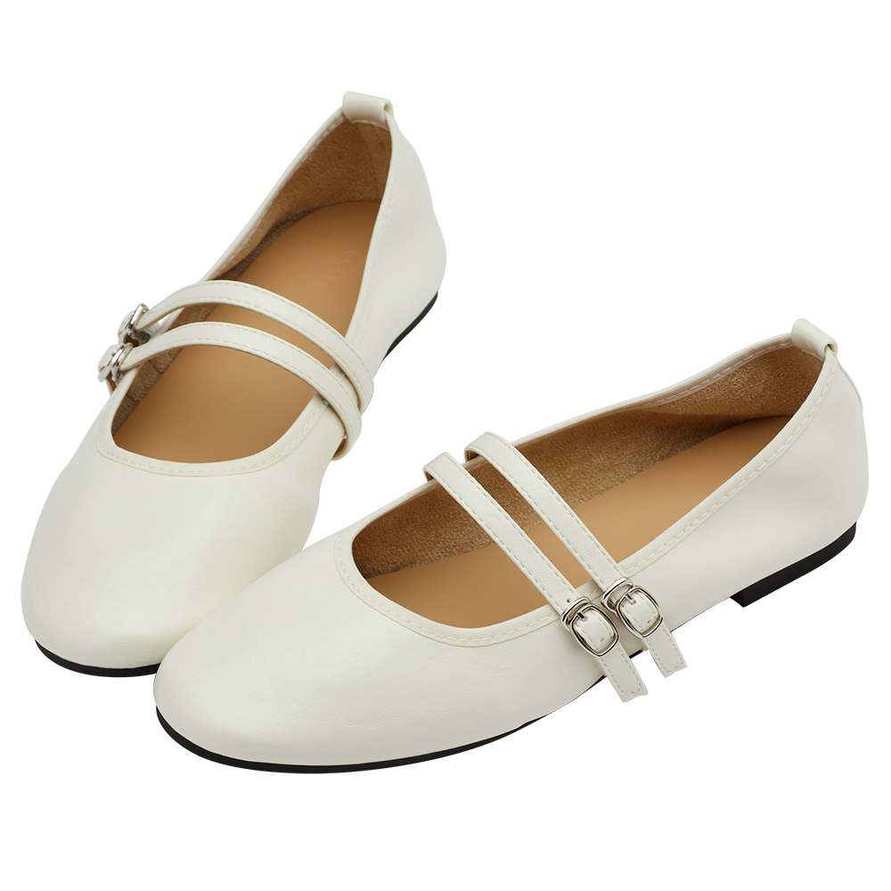 GraceGift平價女鞋 時尚秀場 圓頭 奶油雲朵極軟加厚乳膠芭蕾瑪莉珍鞋 米白色