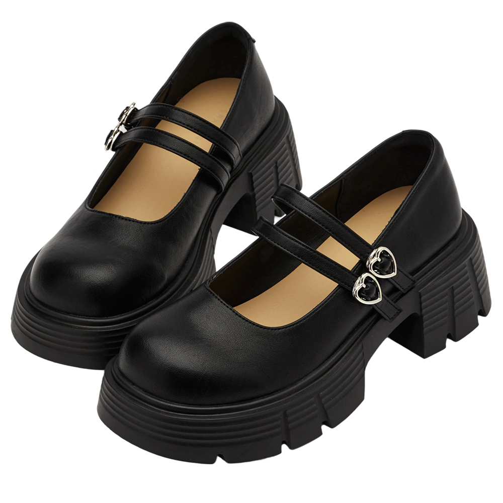 GraceGift 平價女鞋 日系學院 2WAY愛心雙帶輕量瑪莉珍鞋 黑漆 厚底瑪莉珍鞋