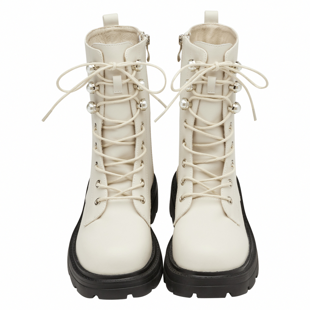 小貓聯名-名媛微光珍珠輕量厚底綁帶靴 米白