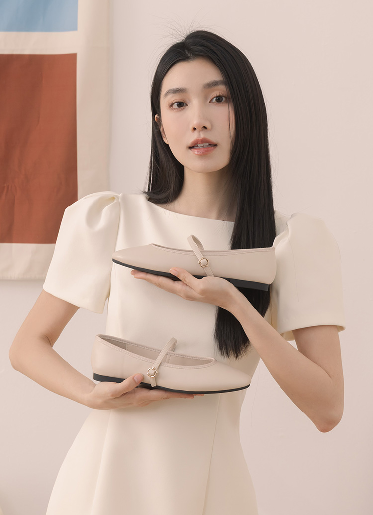 GraceGift平價女鞋 俏皮少女 素面 花釦 芭蕾舞瑪莉珍鞋 杏