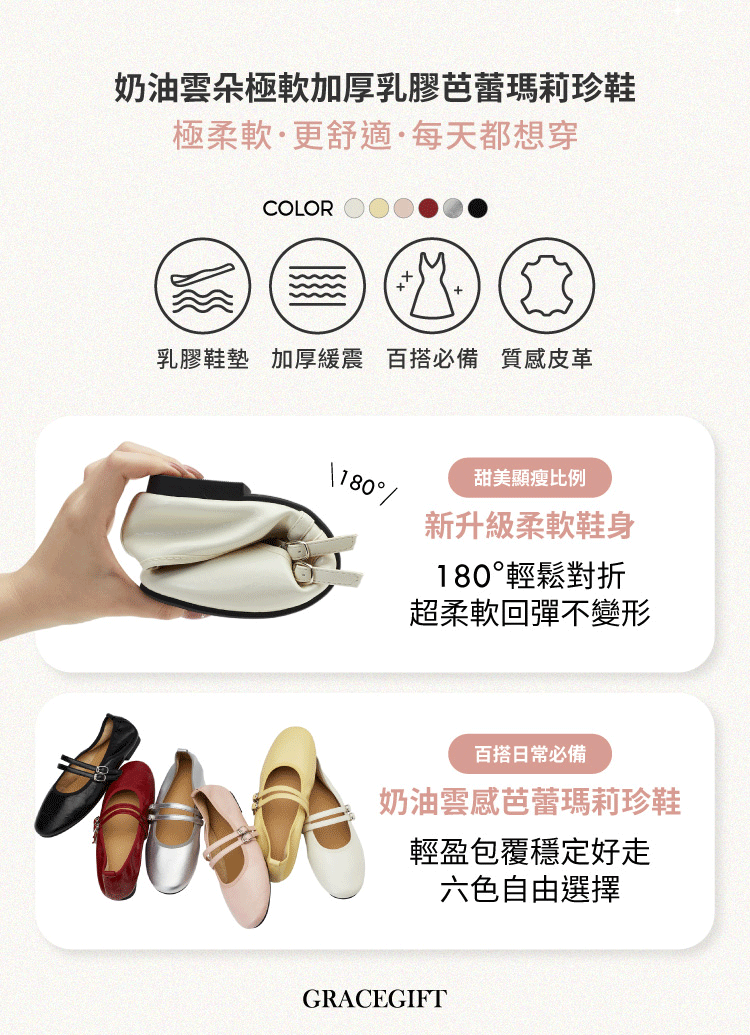 GraceGift平價女鞋 時尚秀場 圓頭 奶油雲朵極軟加厚乳膠芭蕾瑪莉珍鞋 正紅色
