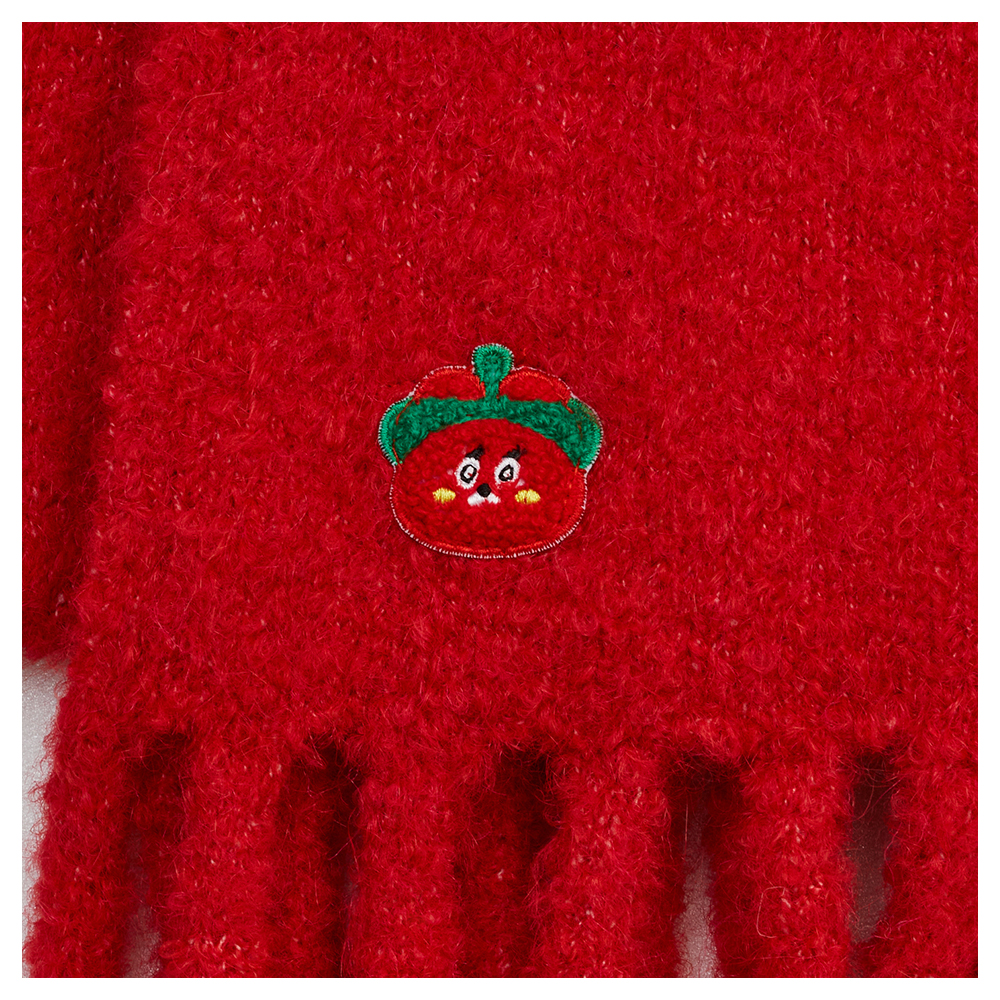 GraceGift Wasabi Bear聯名 辣椒醬熊 顆粒仿羊毛流蘇圍巾 正紅色 實拍圖