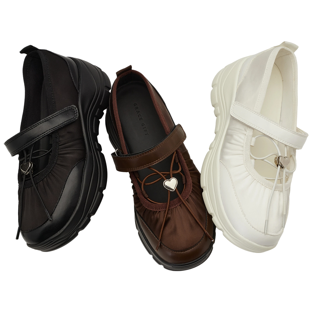 GraceGift平價女鞋 愛心 交叉繫繩 輕量厚底 芭蕾舞運動鞋 米白