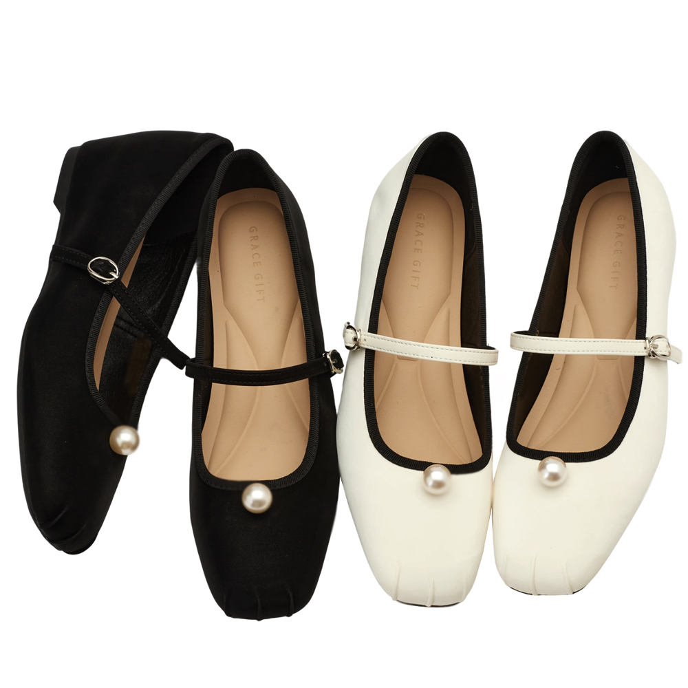 GraceGift平價女鞋 簡約珍珠 方頭撞色 內增高 瑪莉珍鞋 黑色