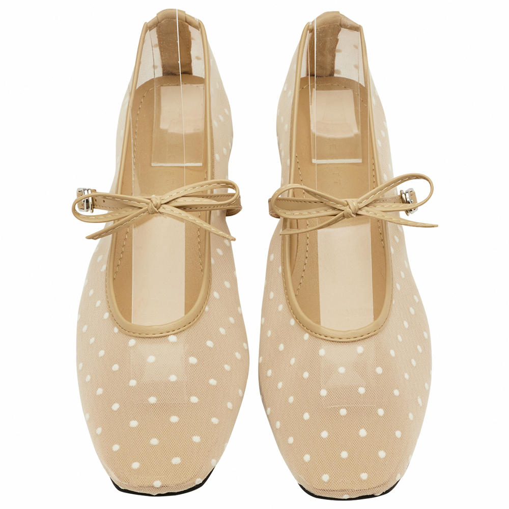 GraceGift平價女鞋 日系水玉 蝴蝶結網紗 內增高瑪莉珍鞋 卡其色