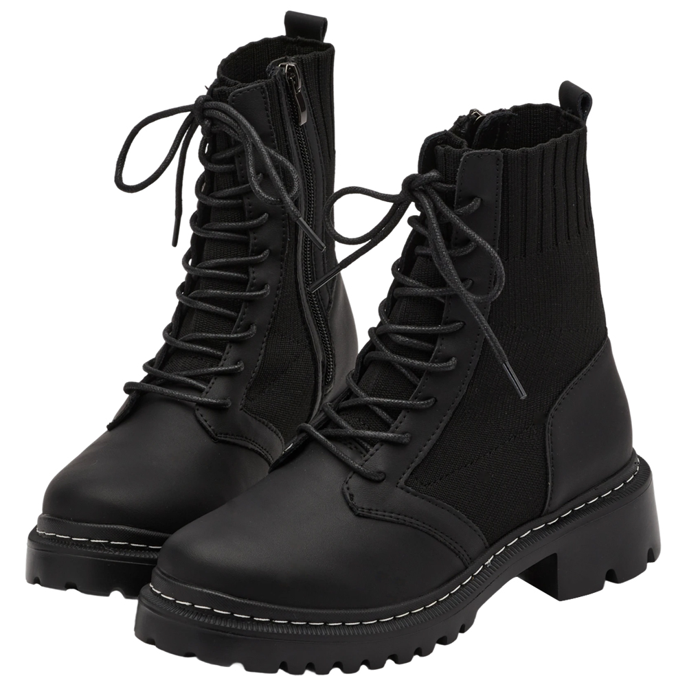 薛妞妞聯名-真皮針織綁帶軍靴 黑