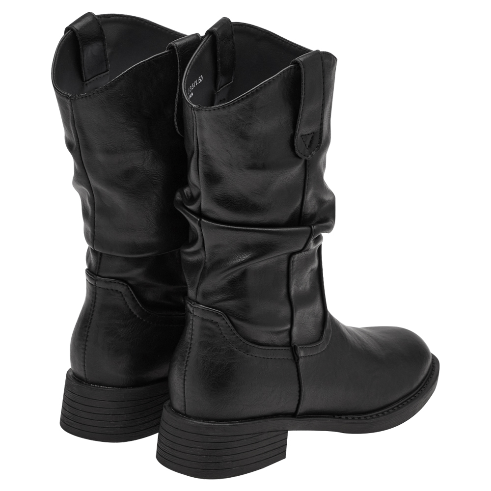 秋日復古皮革V口抓皺西部堆堆靴 黑