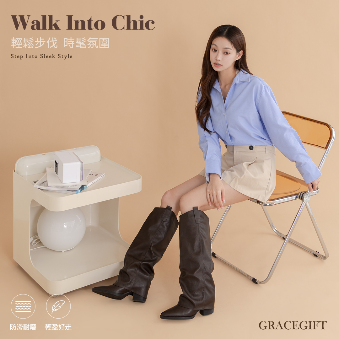 GraceGift平價女鞋 率性顯瘦皺褶低跟尖頭長靴 咖