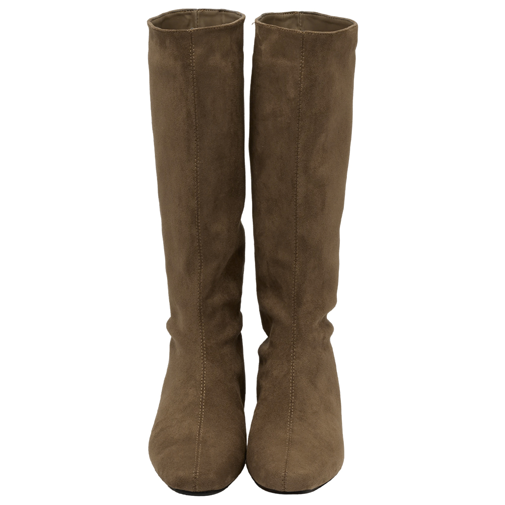 柔感美腿方頭絨布內增高堆堆長靴 淺駝