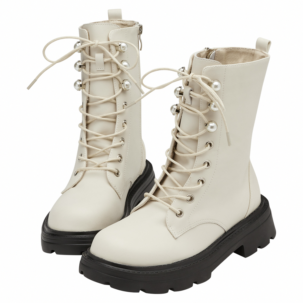 小貓聯名-名媛微光珍珠輕量厚底綁帶靴 米白