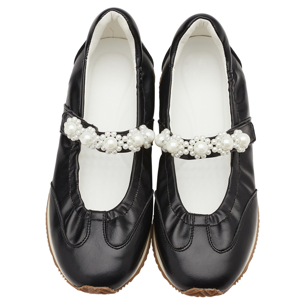 珍珠小花條帶魔鬼氈芭蕾舞瑪莉珍鞋 黑