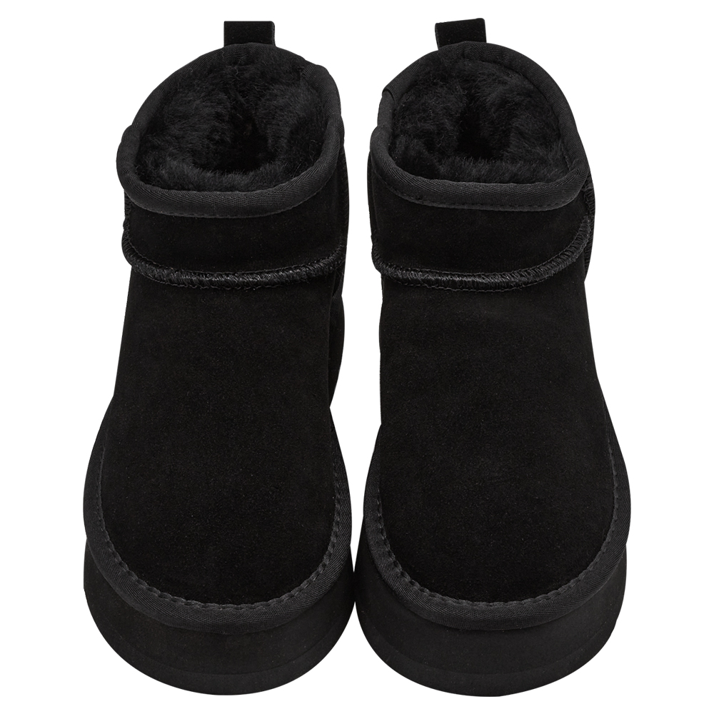 經典百搭牛麂皮羊毛短筒厚底雪靴 黑