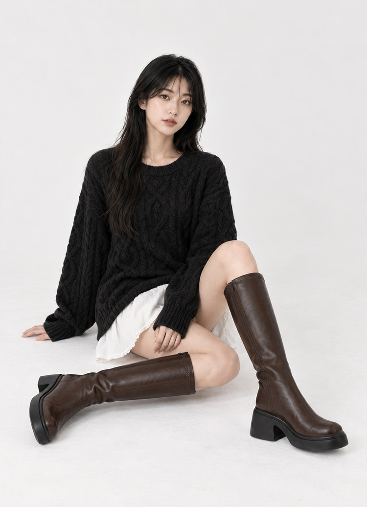 Grace Gift 平價女鞋 長腿歐膩 彈力輕量顯瘦靴 咖色 厚底長靴 實拍圖