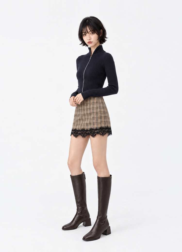 GraceGift平價女鞋 完美比例質感剪裁方頭低跟長筒靴 咖