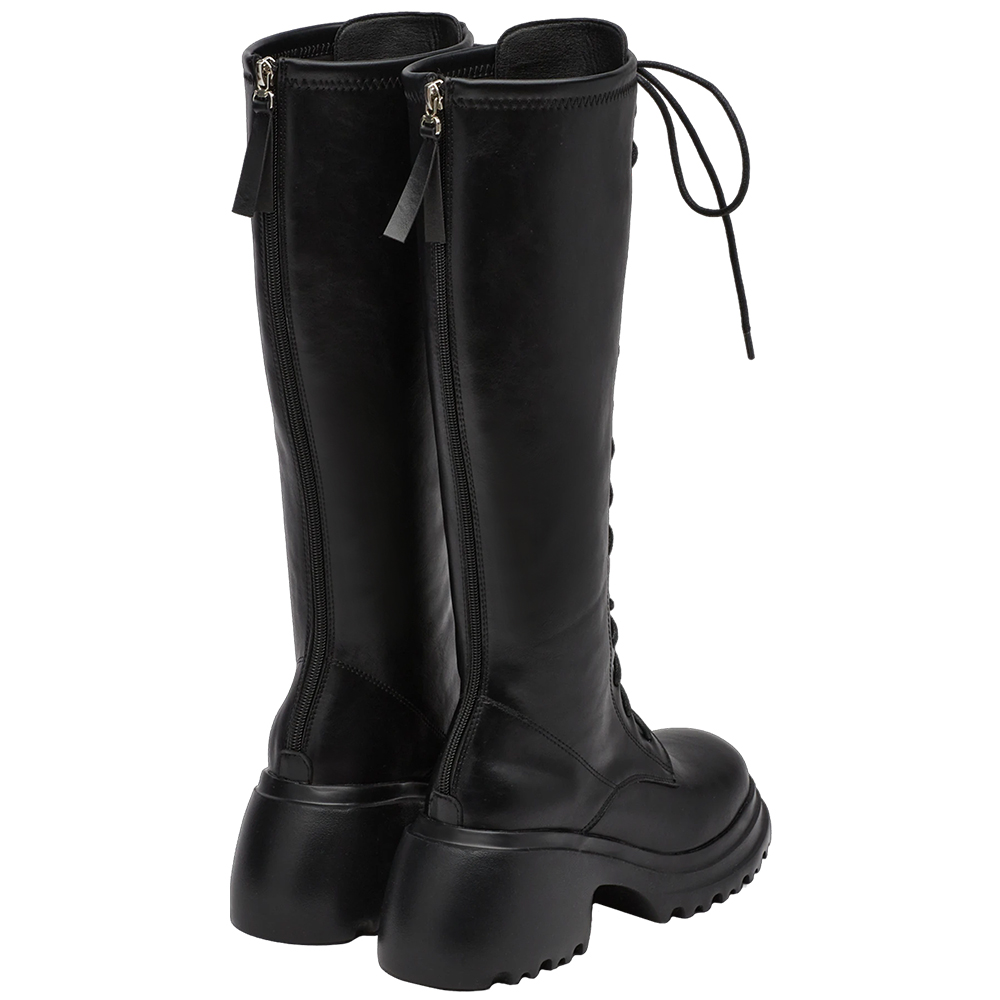 韓團必備圓頭輕量厚底綁帶長靴 黑