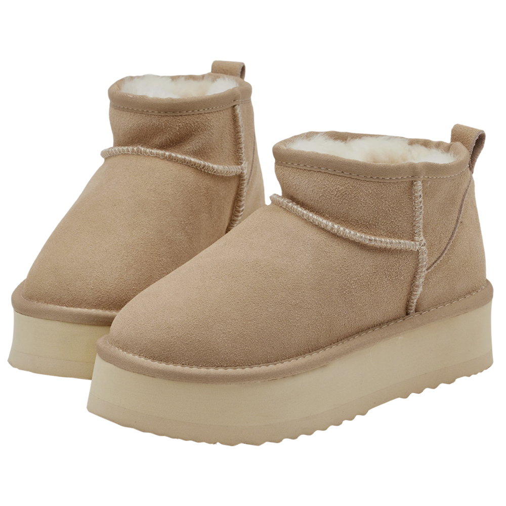 經典百搭牛麂皮羊毛短筒厚底雪靴 杏