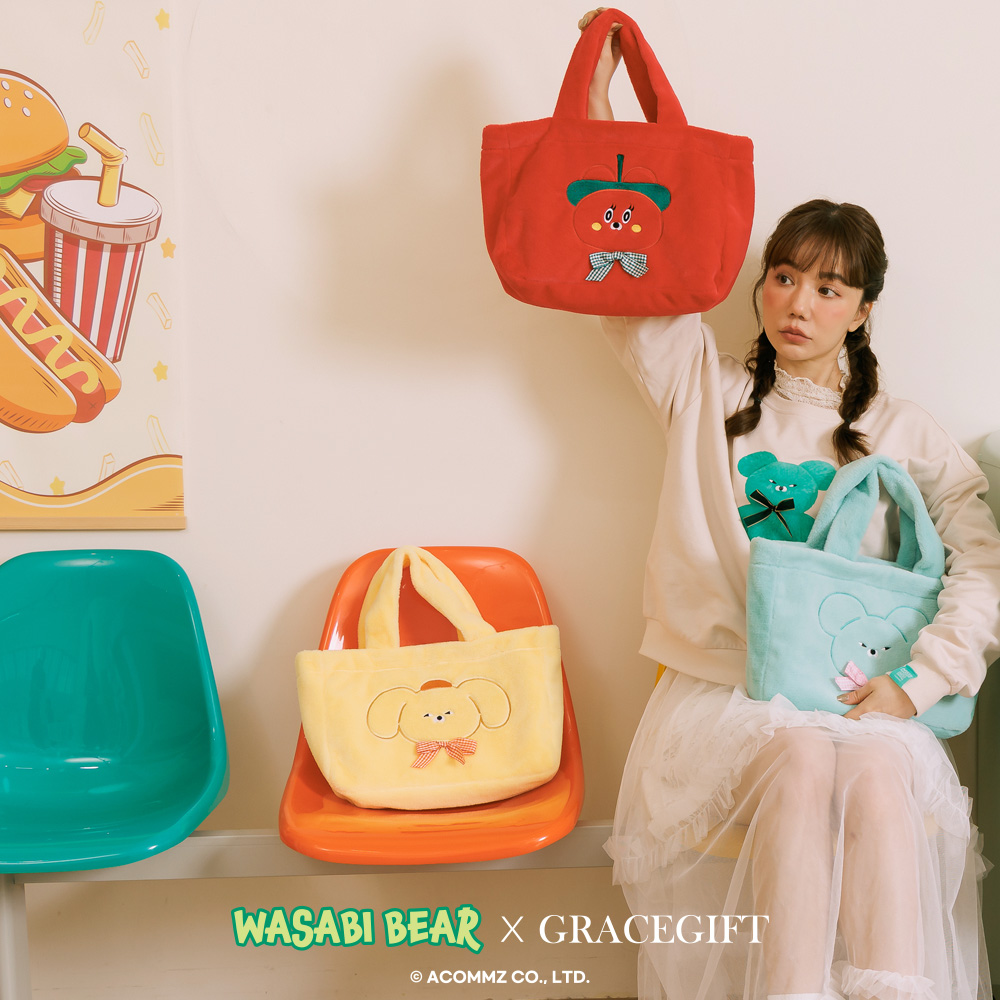 Grace Gift 平價女鞋 Wasabi Bear 聯名 辣椒醬熊 格紋絨毛電繡 托特包 正紅色 實拍圖