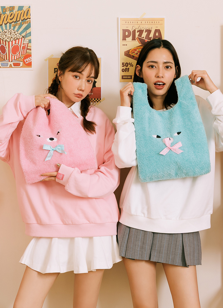 Grace Gift Wasabi Bear 聯名 粉芥末熊 絨毛蝴蝶結手提袋 粉紅色 可愛提袋 實拍圖