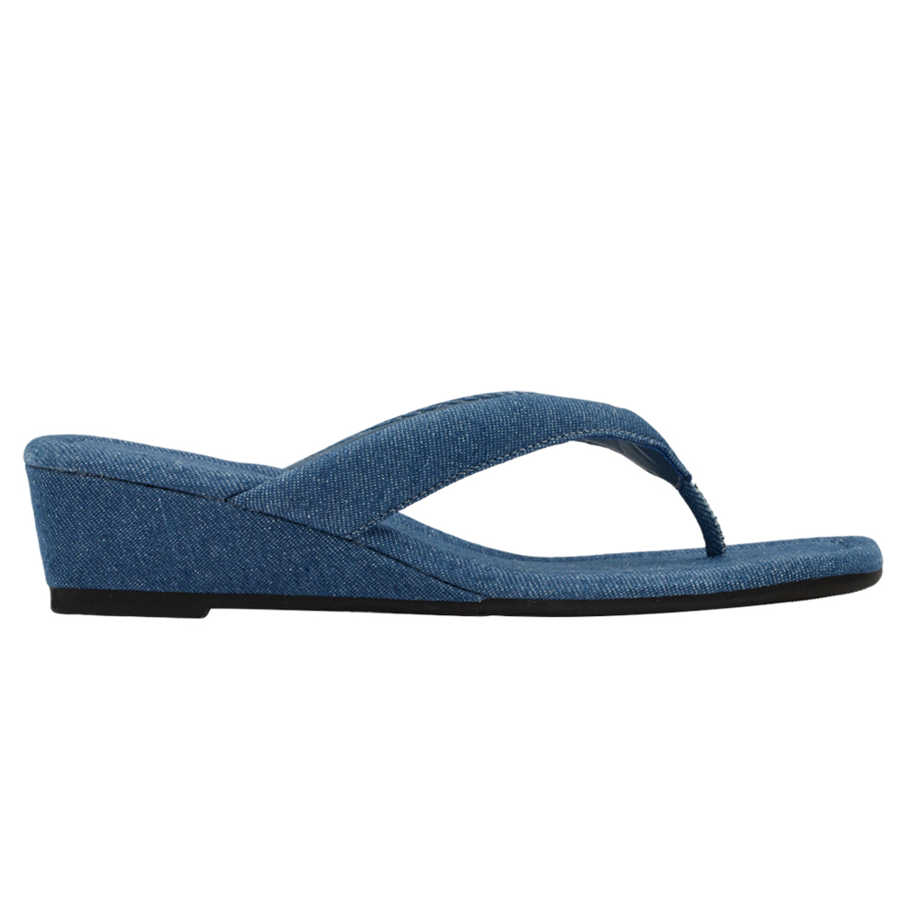 GraceGift 平價女鞋 時尚秀場 方頭 韓系慵懶人字中跟拖鞋 牛仔