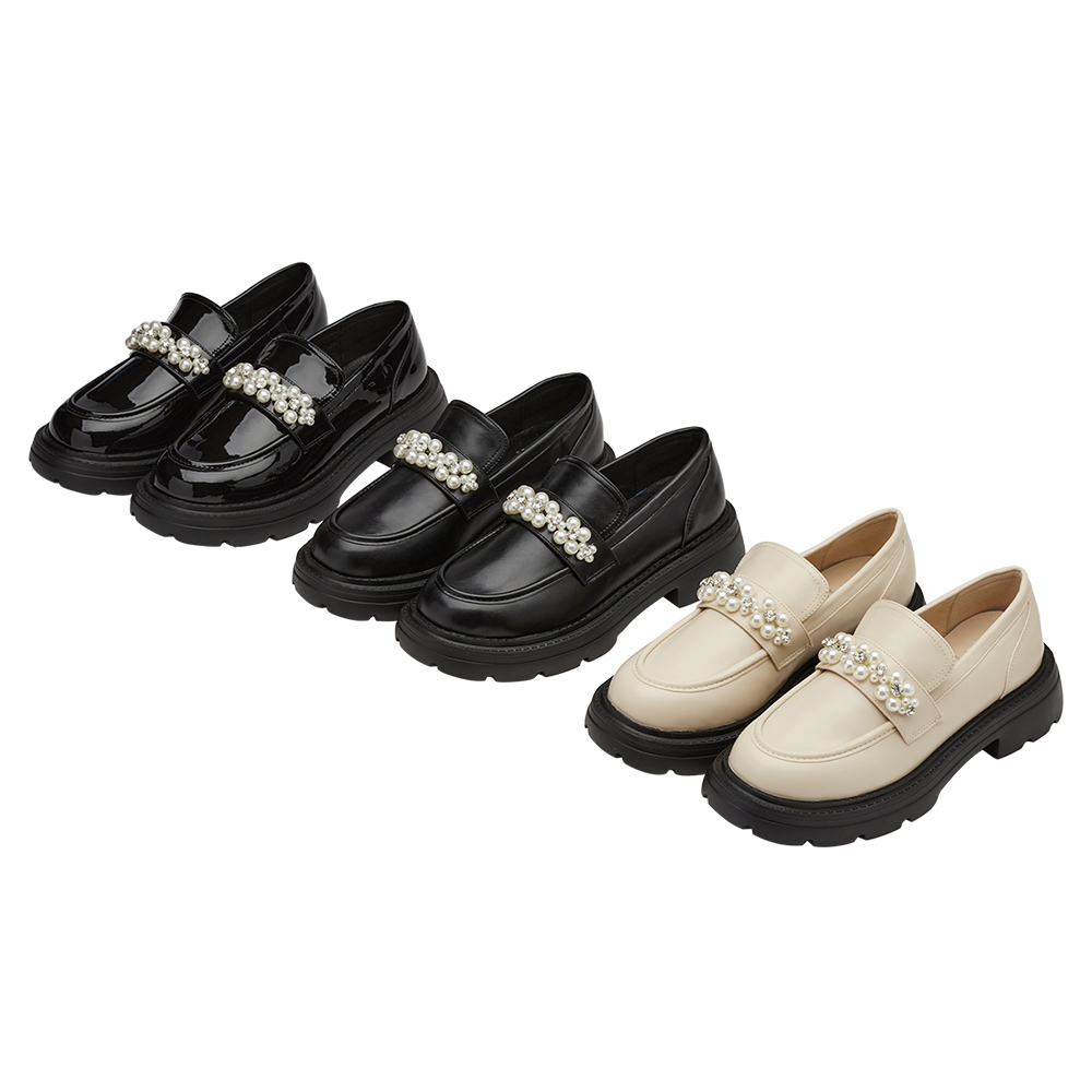 小貓聯名-奢耀珍珠水鑽輕量厚底樂福鞋 米白