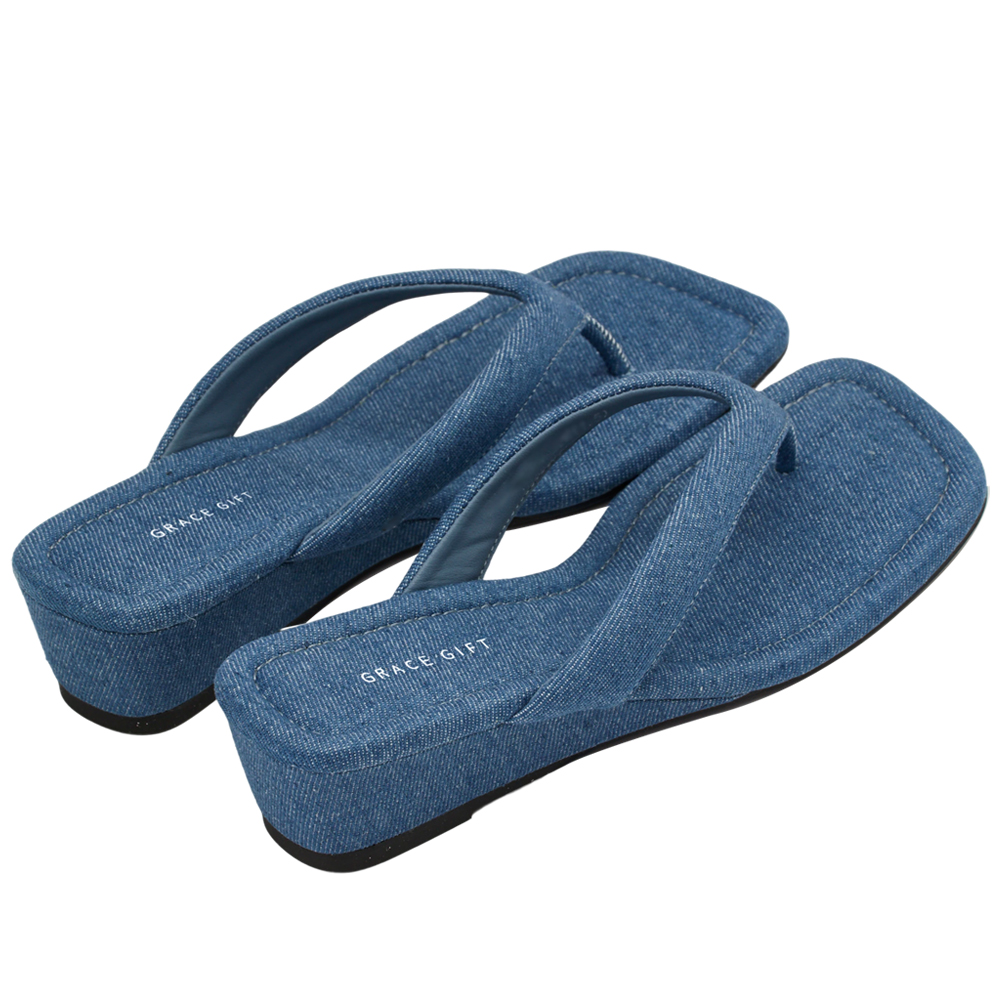 GraceGift 平價女鞋 時尚秀場 方頭 韓系慵懶人字中跟拖鞋 牛仔